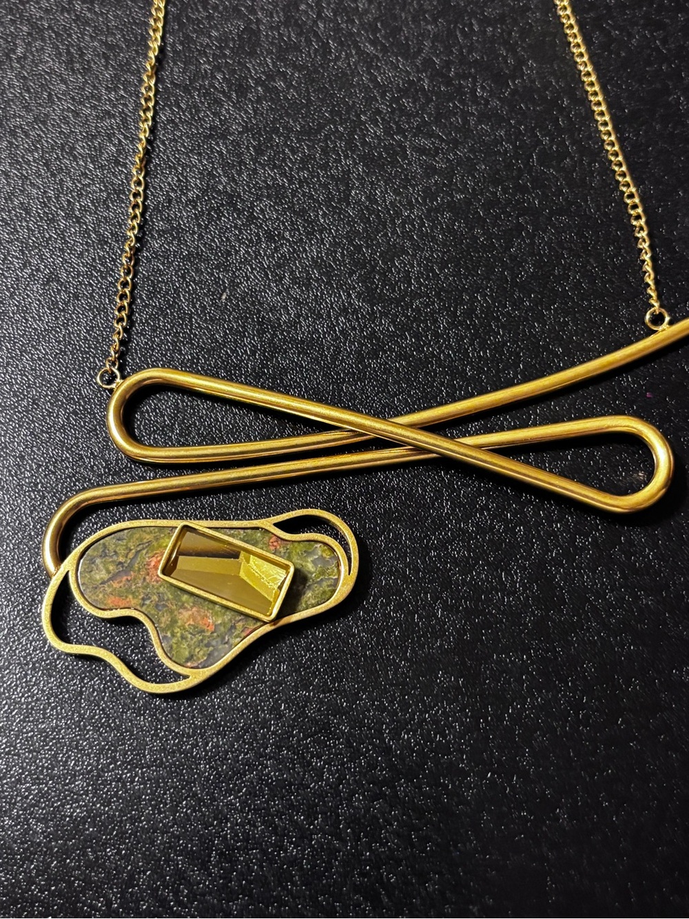 Gold Abstract Loop Pendant Necklace‎ with Stone Accent - Women Jewelry